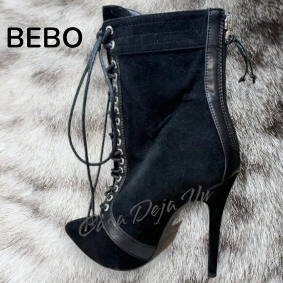 BEBO Goth Vixen Studded Lace Up Black Crushed Velevet Bootie Heels - Picture 4 of 12